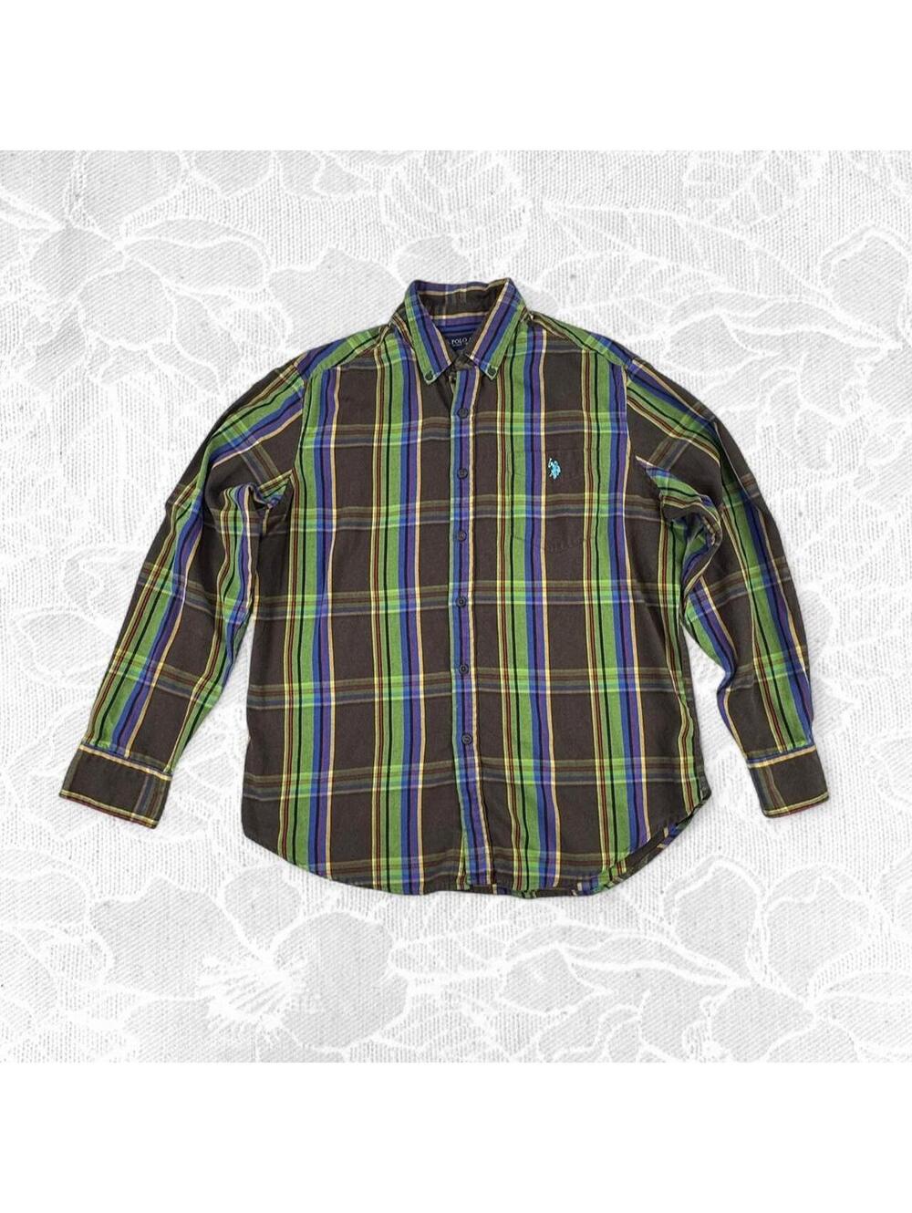 U.S. Polo Assn. Brown Green Red Yellow & Blue Plaid Button-Up - Large